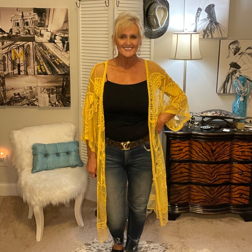 NWT long yellow Kimono mesh with crochet detailing OS fits most up to an XL